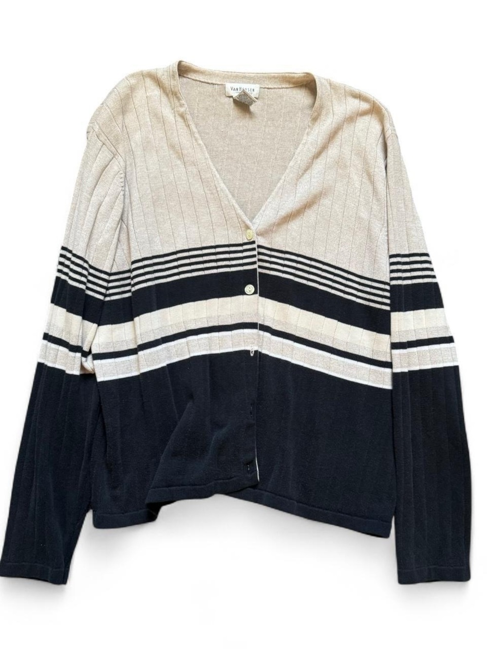Van Heusen Black & Cream Striped V-Neck Button Cardigan